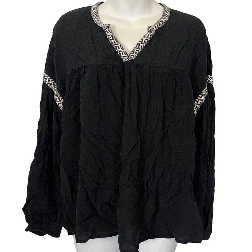 Madewell H8164 Womens Black Ivory Embroidered V-Neck Blouse Top Shirt sz M